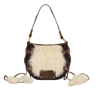 Furry PomPom Shoulder Bag, &pound;190, Handbags, Brown, Suede, Front view